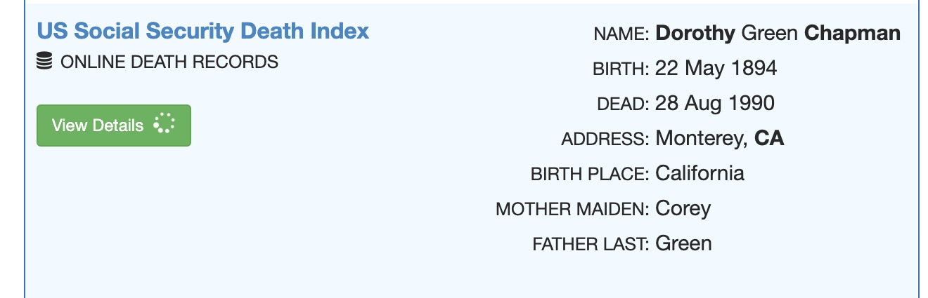 Cropped screenshot showing a Dorothy Green Chapman death-index search result