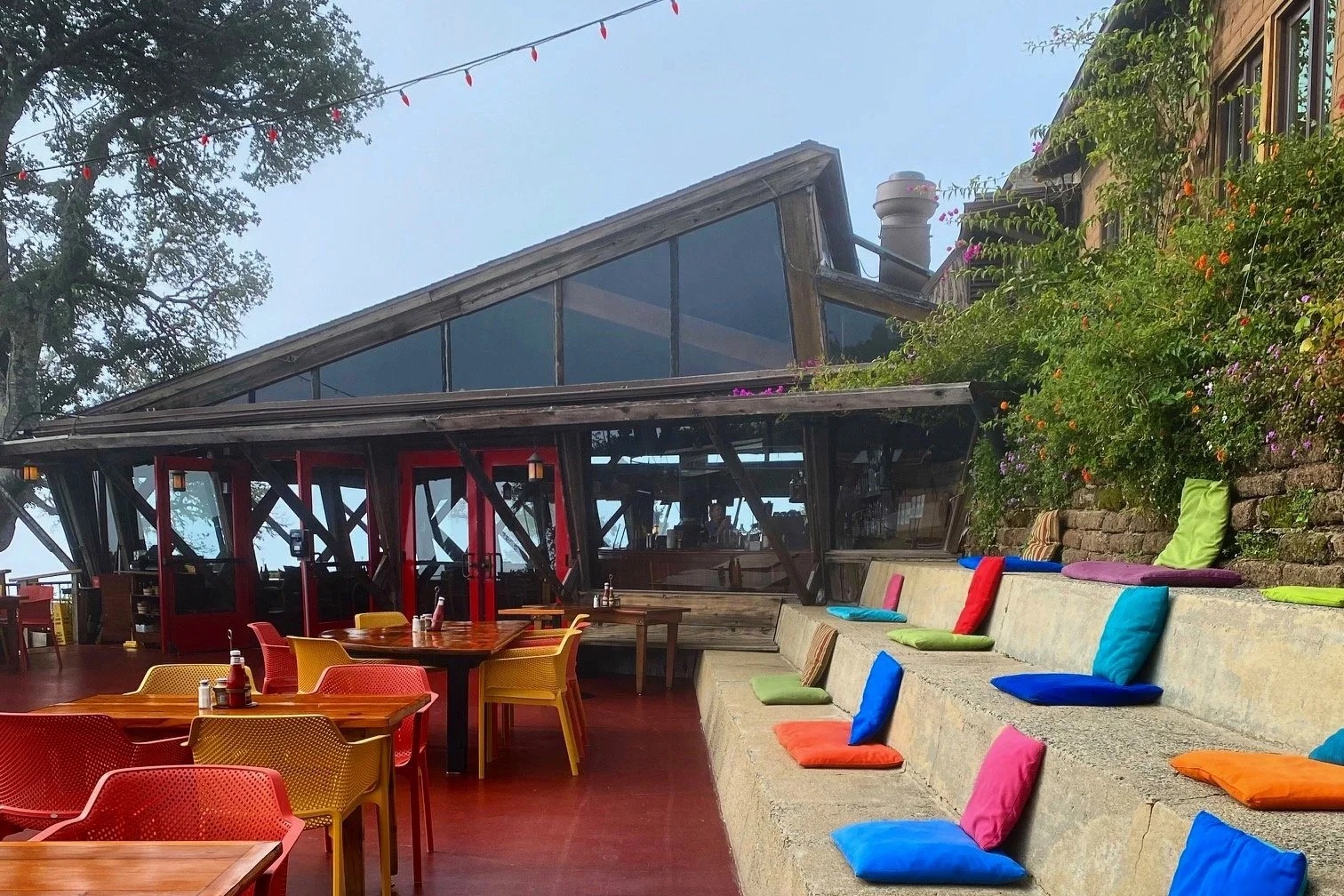 Colorful terrace seating at Nepenthe in Big Sur