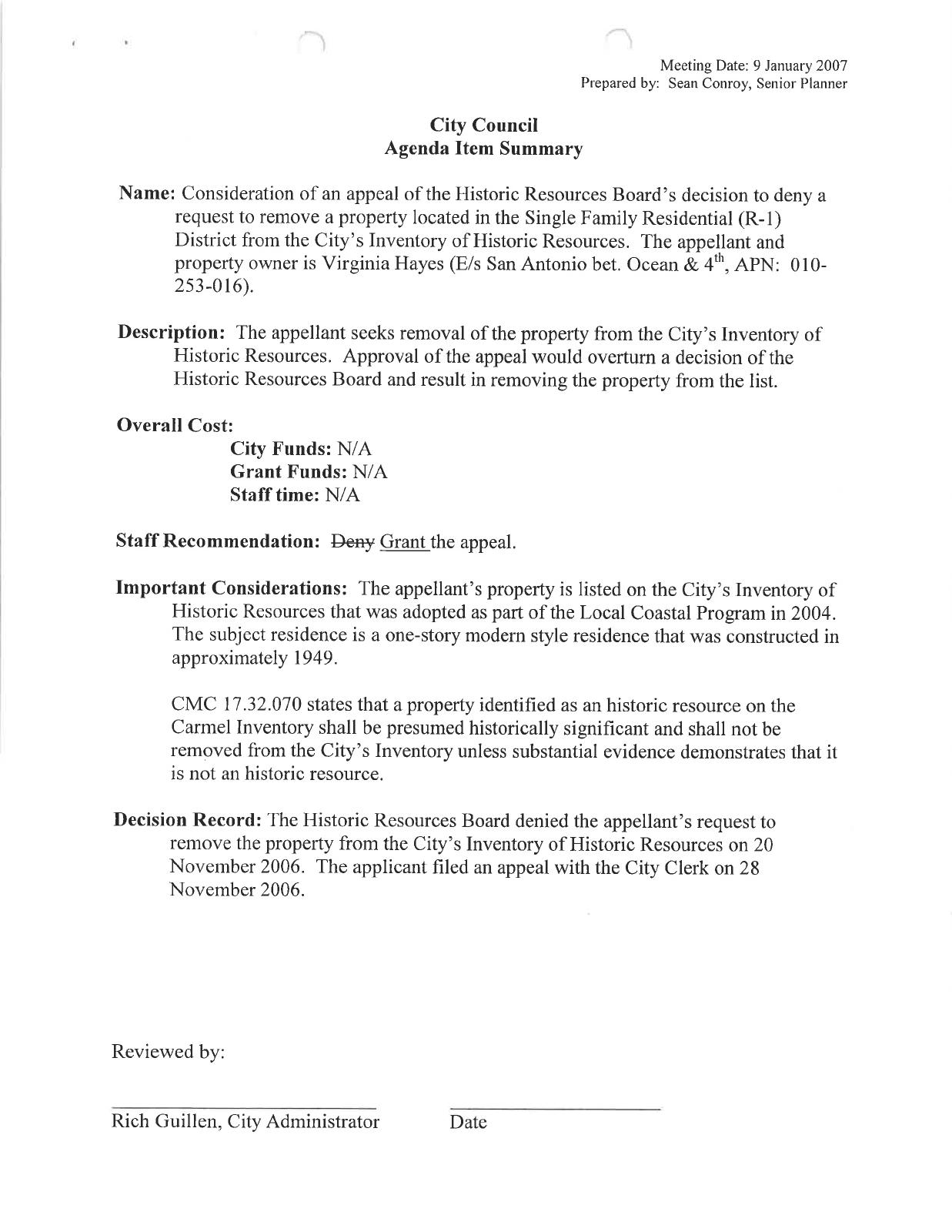 City Council agenda summary about the historic-resource appeal