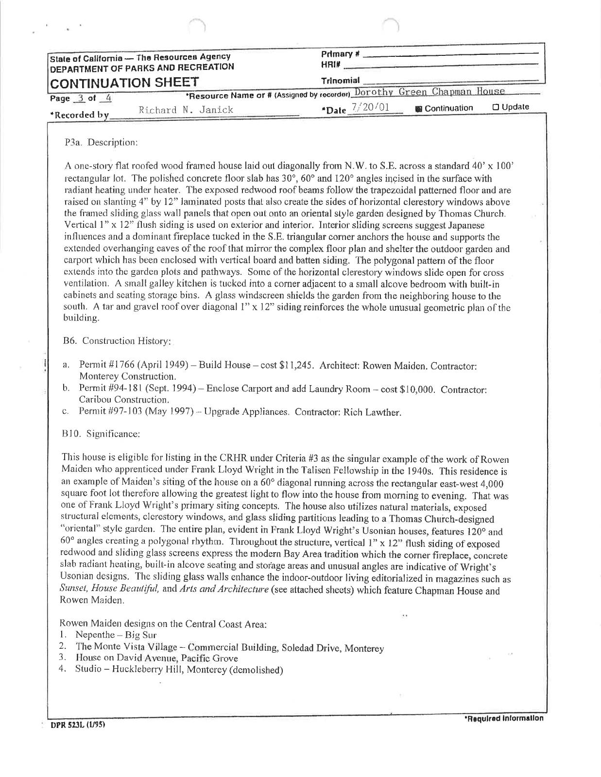 City DPR continuation sheet describing the Chapman House