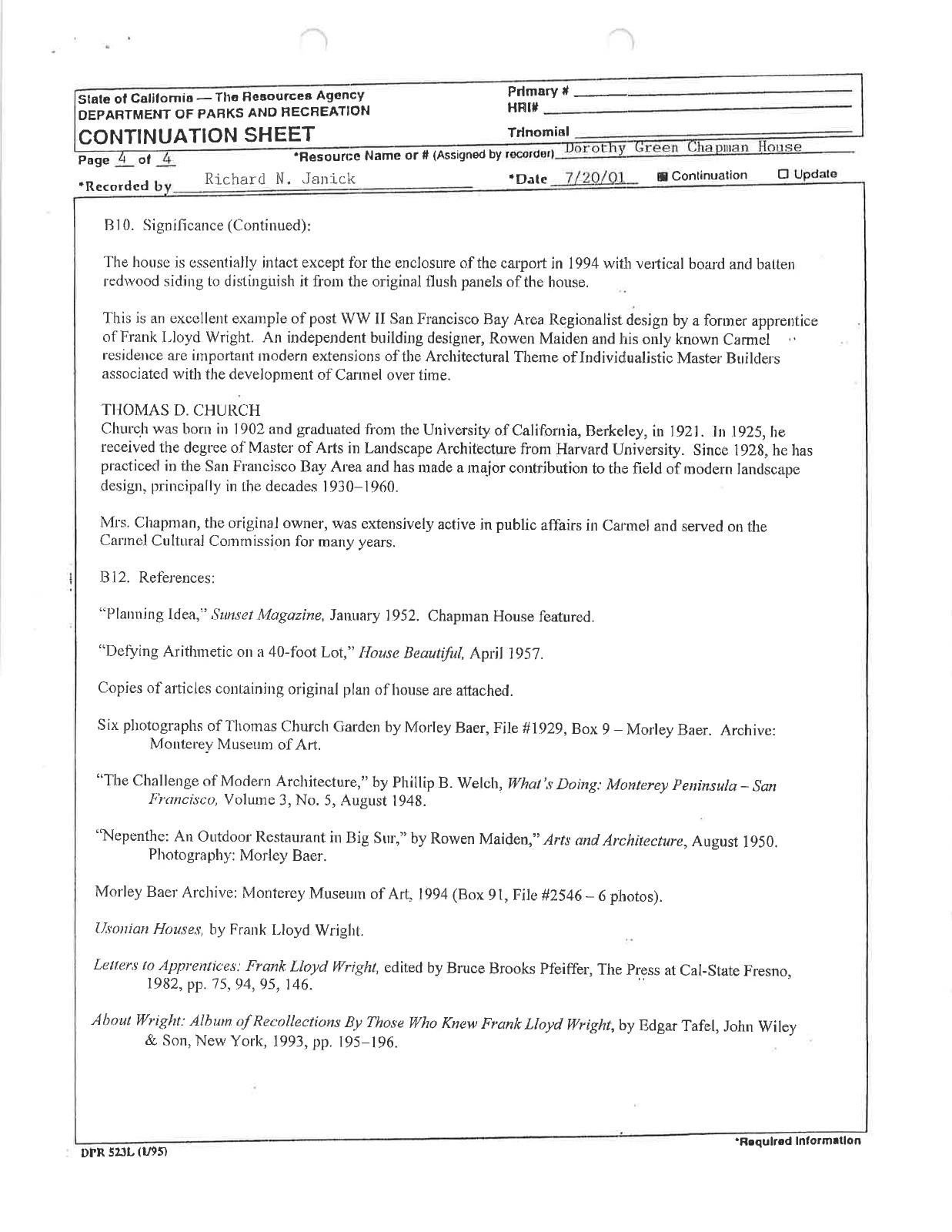 City DPR continuation sheet listing references for the Chapman House