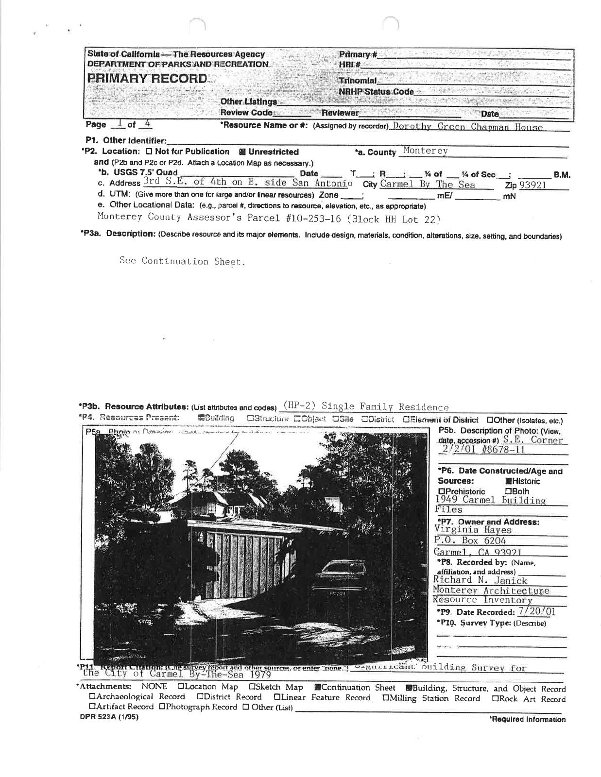 City DPR primary record for the Dorothy Green Chapman House